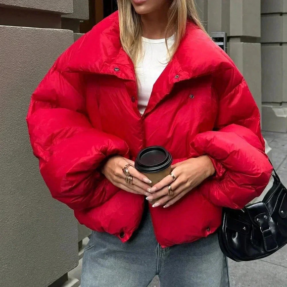 Red Casual Women's Big Lapel Padded Jacket - Picture 4 of 9